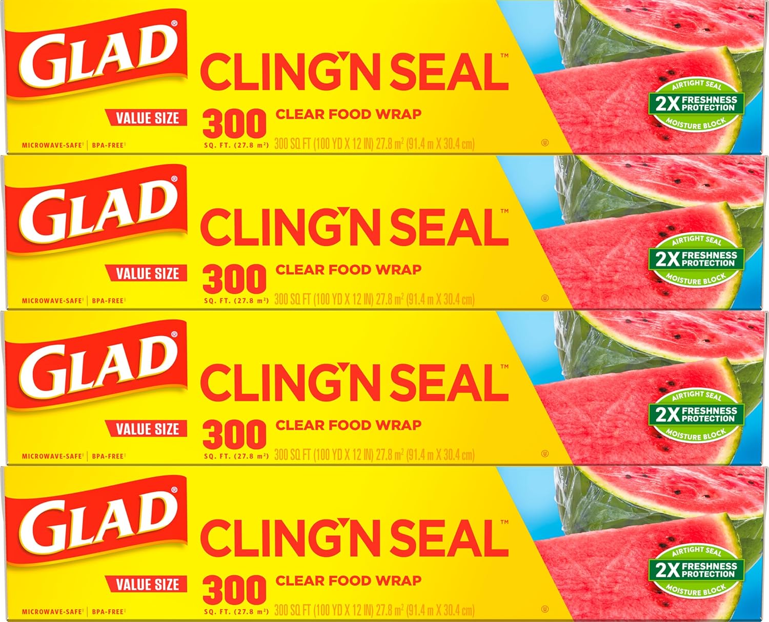 Glad Cling N Seal Plastic Wrap for Food, Airtight Seal, 300 Square Foot Roll (Pack of 4)